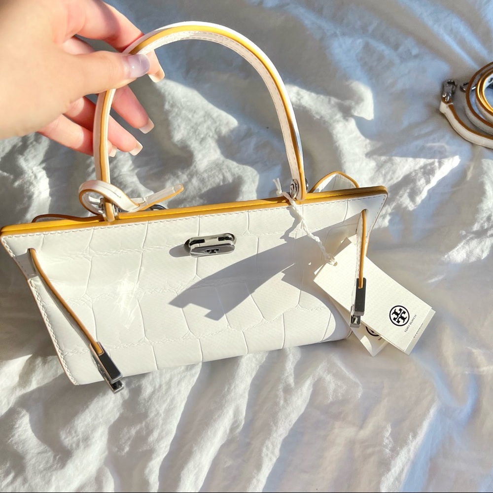 Tory Burch Petite Lee Radziwill Cat Eye Kelly Bag in Embossed Croc Optic White